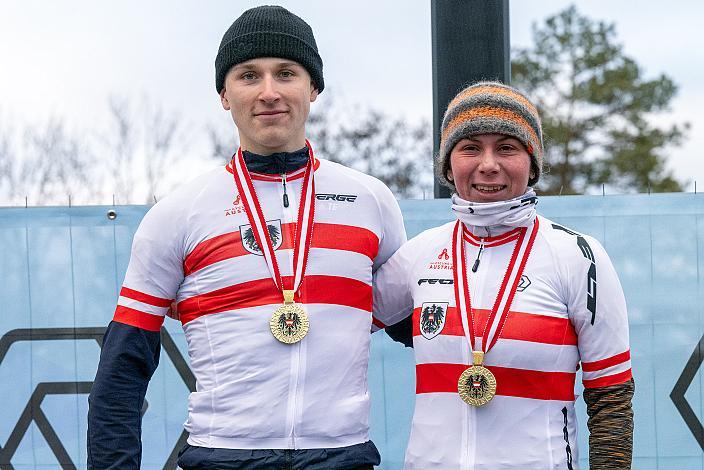 Staatsmeister 2025 Lukas Hatz (AUT, Arbö Radrennteam Graz) und Nadja Heigl (AUT, KTM Alchemist bp Brenta Breaks),  Rad Cyclo Cross, ÖSTM/ÖM Querfeldein, Ciclo Cross, Cycling Austria, Maria Enzersdorf, NÖ