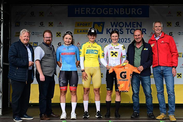 v.l. Harald J. Mayer (ÖRV, Präsident Österreichischer Radsportverband, Cycling Austria),  Bgm. Christoph Artner, Elisa Winter (AUT, Wheel Divas Cycling Team), Im gelben Trikot, Eliska Kvasnickova (CZE, VIF Cycling Team), Zeitfahren Herzogenburg, Nadia Hartman (POL, MAT Atom Deweloper Wroclaw Junior),  3. Etappe Sportland NOE WOMEN Tour