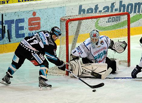 #19 Rob Shearer, Stuermer, EHC Liwest Black Wings Linz vor dem Tor der Ungarn, gehuetet von der #1 Zolza Hetenyi, Alba Volan Szekesfehervar.