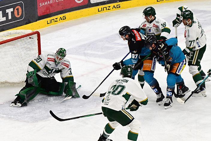 Luka Maver (Steinbach Black Wings Linz) trifft zum 2 zu 0, Tormann Kristof Nagy (FTC-Telekom), 45. Runde ICE, Steinbach Black Wings Linz vs FTC-Telekom, Linz AG Eisarena